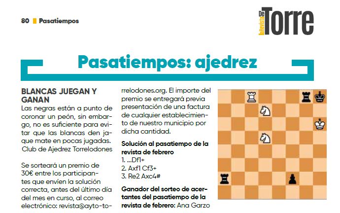 Nuevo problema de ajedrez en la revista Torre